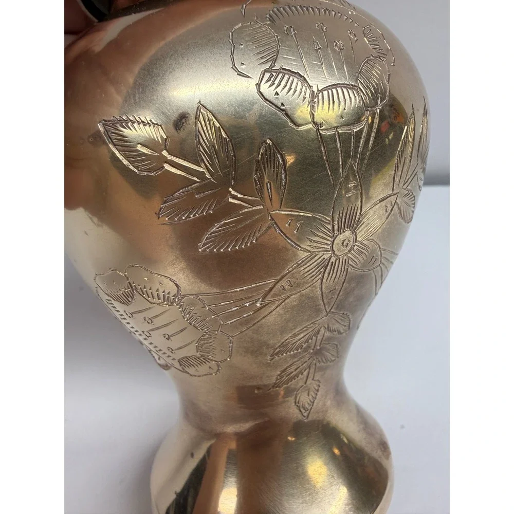 Vintage Etched Brass Ginger Jar with Lid Floral Engraved Urn Made in India 8.5in